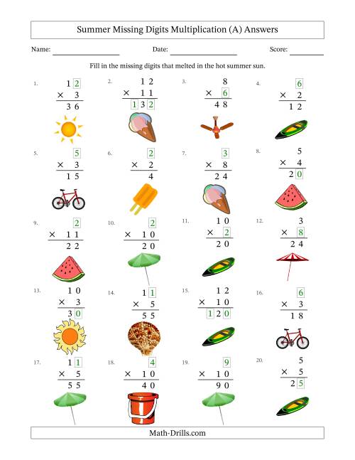 The Summer Missing Digits Multiplication (Easier Version) (A) Math Worksheet Page 2