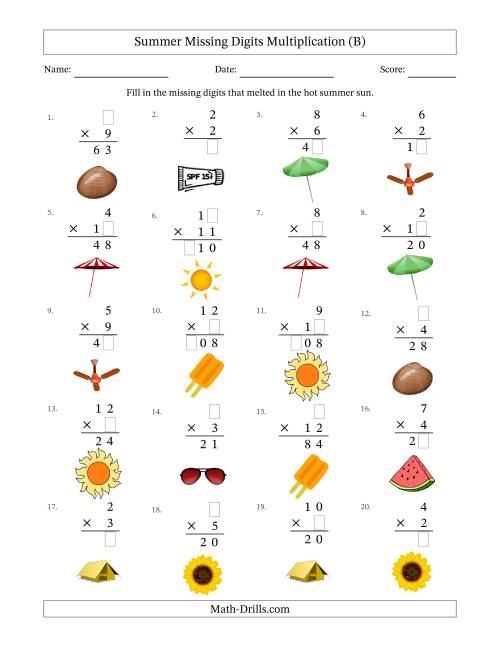 The Summer Missing Digits Multiplication (Easier Version) (B) Math Worksheet