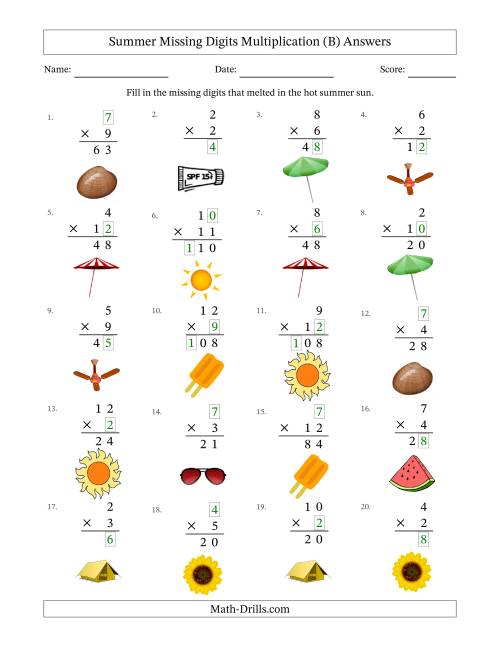 The Summer Missing Digits Multiplication (Easier Version) (B) Math Worksheet Page 2