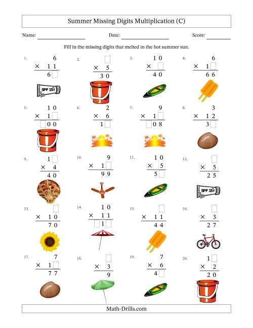 The Summer Missing Digits Multiplication (Easier Version) (C) Math Worksheet