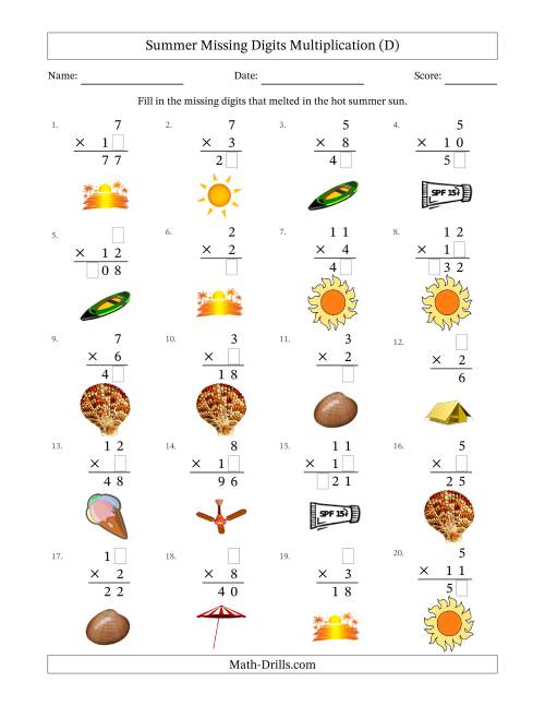 The Summer Missing Digits Multiplication (Easier Version) (D) Math Worksheet
