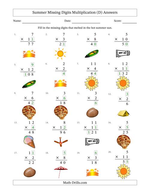 The Summer Missing Digits Multiplication (Easier Version) (D) Math Worksheet Page 2