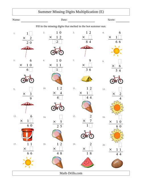 The Summer Missing Digits Multiplication (Easier Version) (E) Math Worksheet