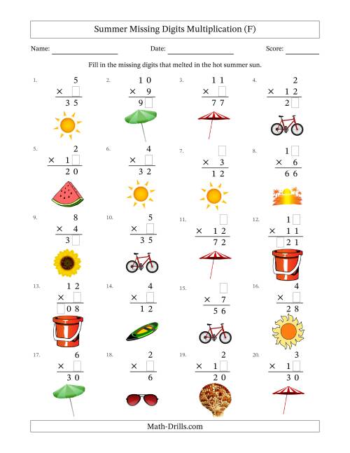 The Summer Missing Digits Multiplication (Easier Version) (F) Math Worksheet