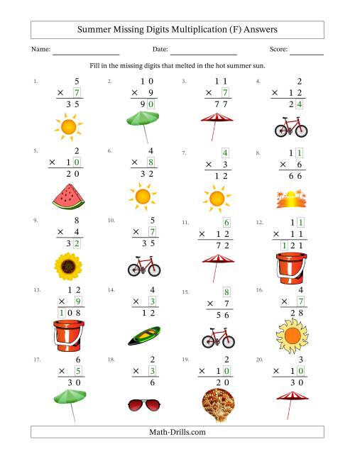 The Summer Missing Digits Multiplication (Easier Version) (F) Math Worksheet Page 2