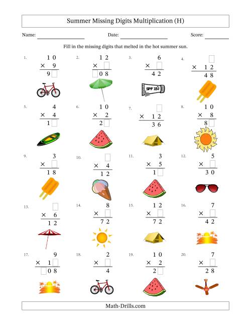 The Summer Missing Digits Multiplication (Easier Version) (H) Math Worksheet