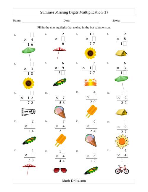 The Summer Missing Digits Multiplication (Easier Version) (I) Math Worksheet