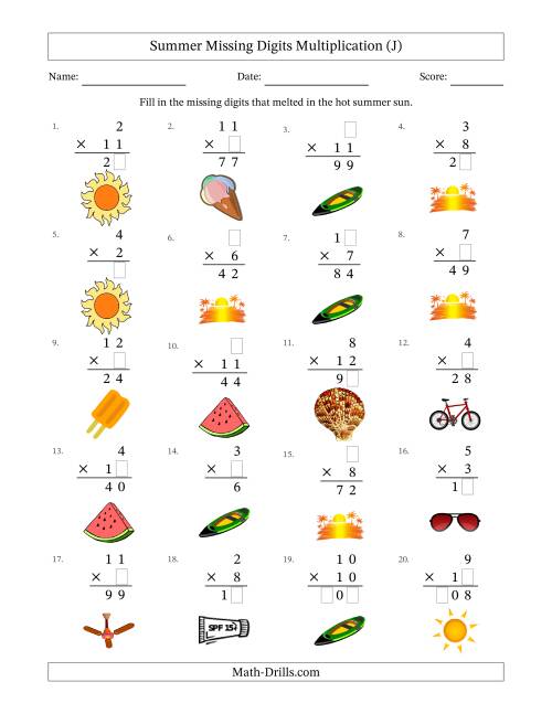 The Summer Missing Digits Multiplication (Easier Version) (J) Math Worksheet