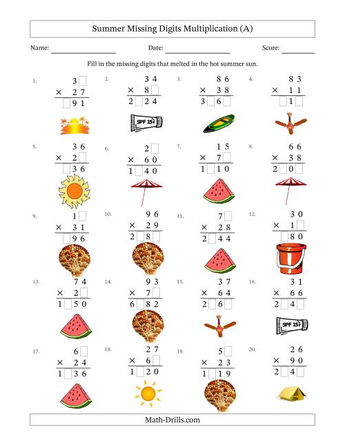The Summer Missing Digits Multiplication (Harder Version) (A) Math Worksheet