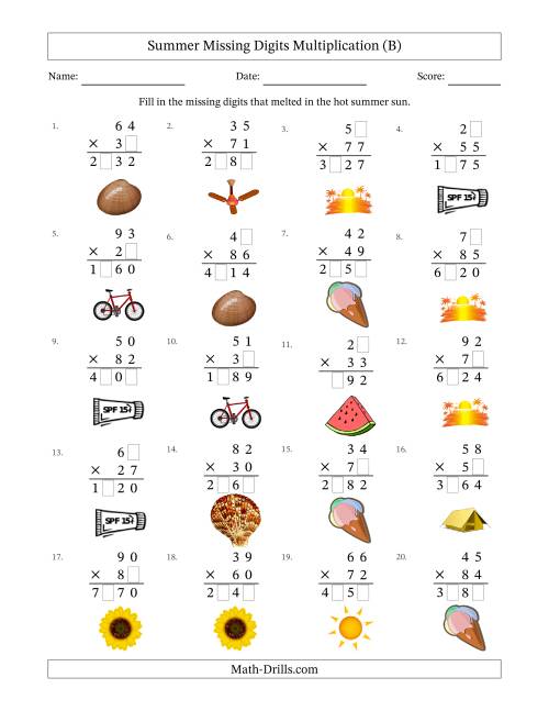 The Summer Missing Digits Multiplication (Harder Version) (B) Math Worksheet