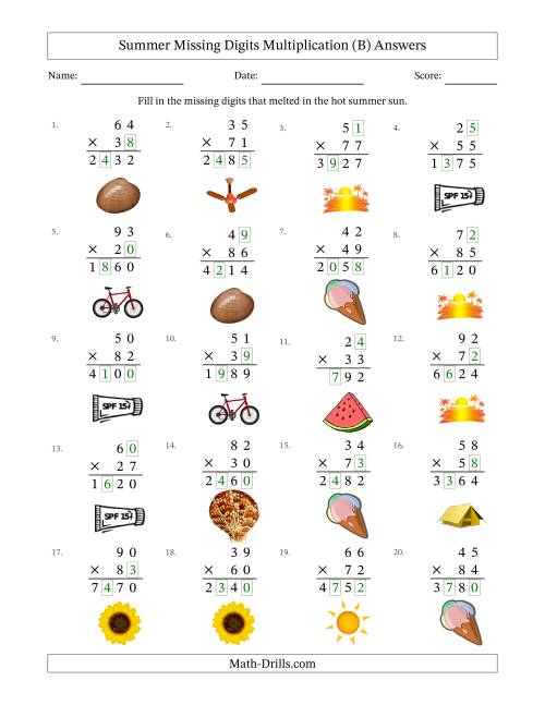 The Summer Missing Digits Multiplication (Harder Version) (B) Math Worksheet Page 2