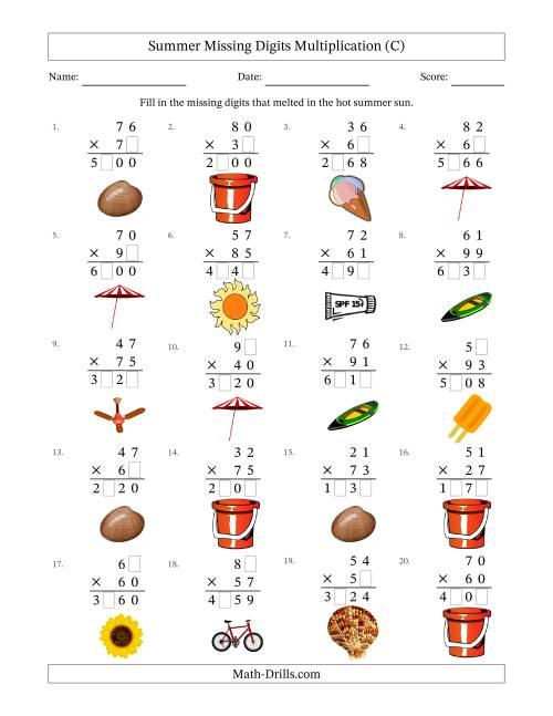 The Summer Missing Digits Multiplication (Harder Version) (C) Math Worksheet