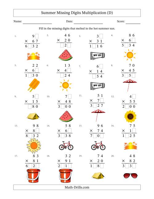 The Summer Missing Digits Multiplication (Harder Version) (D) Math Worksheet