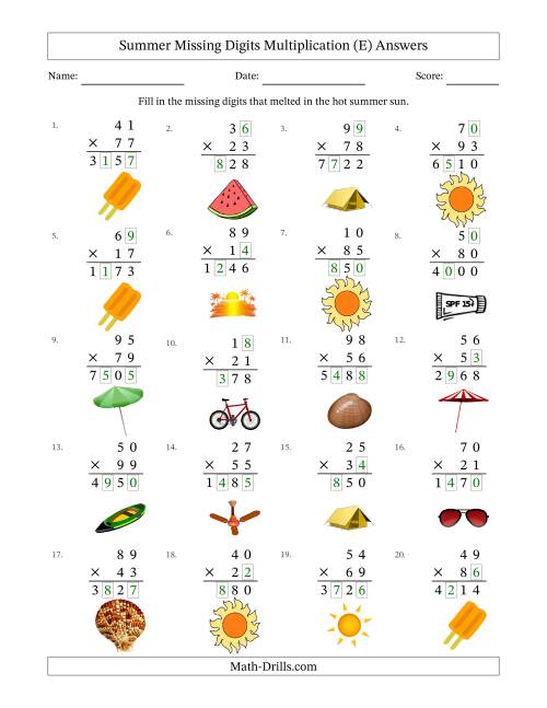 The Summer Missing Digits Multiplication (Harder Version) (E) Math Worksheet Page 2