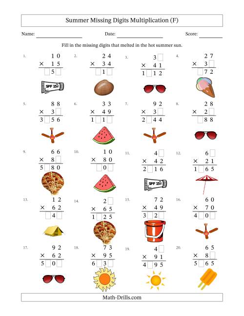 The Summer Missing Digits Multiplication (Harder Version) (F) Math Worksheet