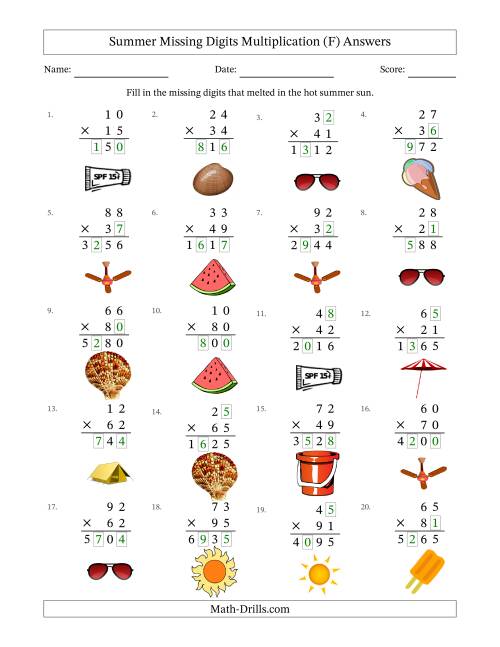 The Summer Missing Digits Multiplication (Harder Version) (F) Math Worksheet Page 2