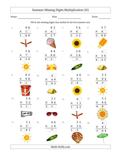 The Summer Missing Digits Multiplication (Harder Version) (H) Math Worksheet