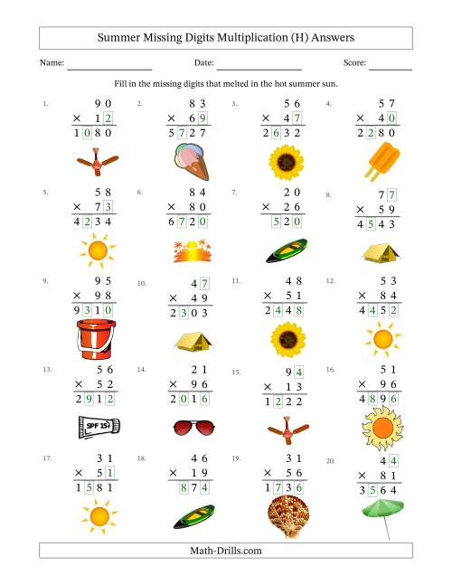 The Summer Missing Digits Multiplication (Harder Version) (H) Math Worksheet Page 2