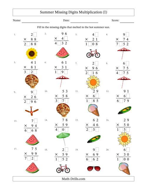 The Summer Missing Digits Multiplication (Harder Version) (I) Math Worksheet