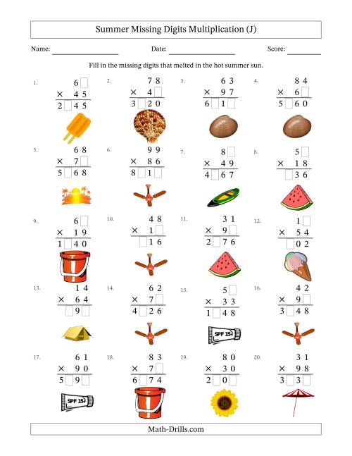 The Summer Missing Digits Multiplication (Harder Version) (J) Math Worksheet