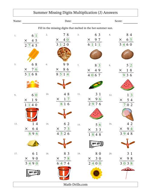 The Summer Missing Digits Multiplication (Harder Version) (J) Math Worksheet Page 2