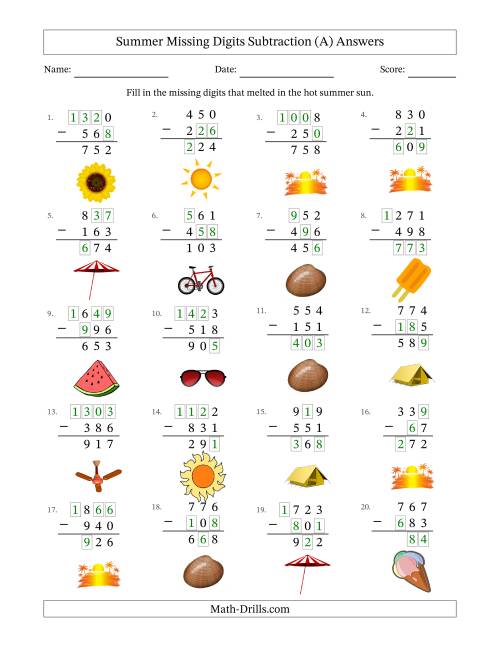The Summer Missing Digits Subtraction (Easier Version) (A) Math Worksheet Page 2