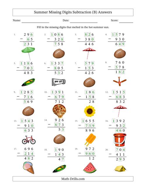 The Summer Missing Digits Subtraction (Easier Version) (B) Math Worksheet Page 2