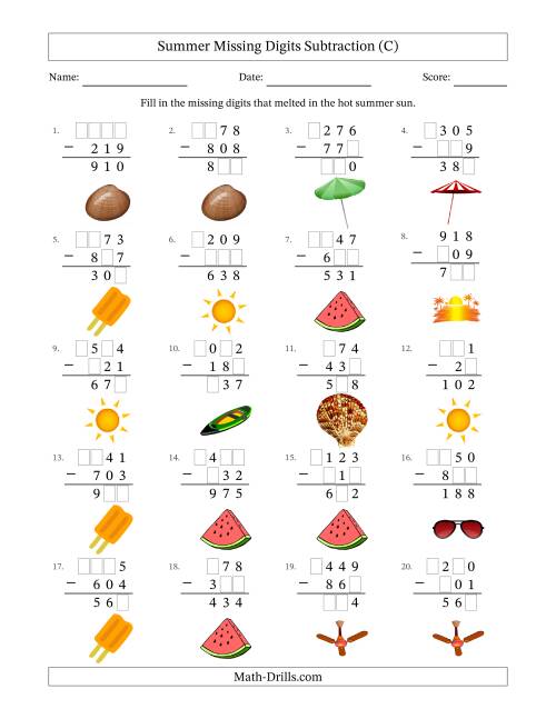 The Summer Missing Digits Subtraction (Easier Version) (C) Math Worksheet
