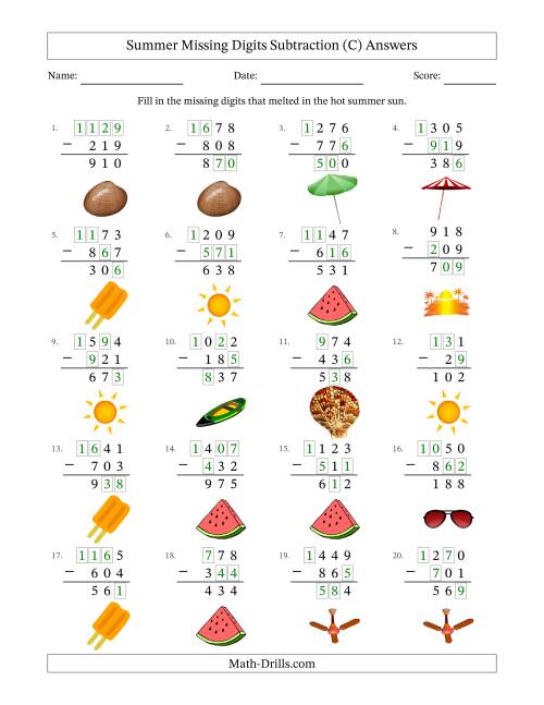The Summer Missing Digits Subtraction (Easier Version) (C) Math Worksheet Page 2