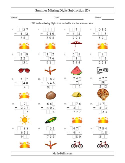 The Summer Missing Digits Subtraction (Easier Version) (D) Math Worksheet