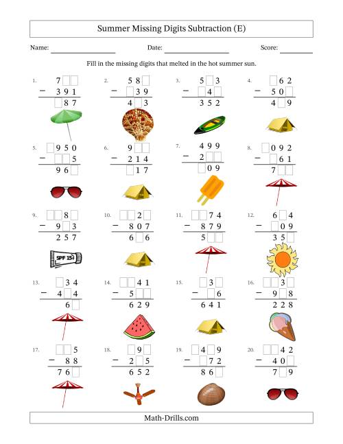 The Summer Missing Digits Subtraction (Easier Version) (E) Math Worksheet