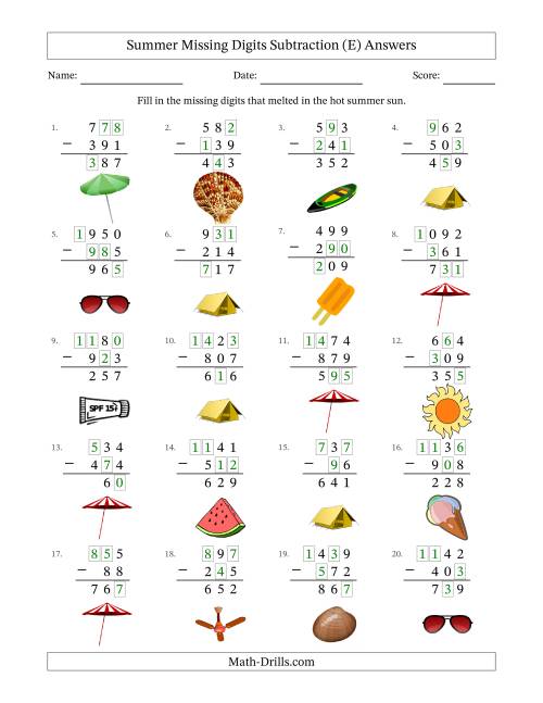 The Summer Missing Digits Subtraction (Easier Version) (E) Math Worksheet Page 2