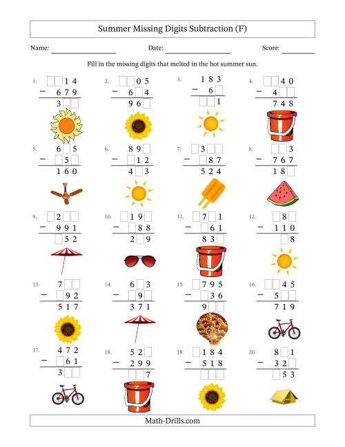 The Summer Missing Digits Subtraction (Easier Version) (F) Math Worksheet