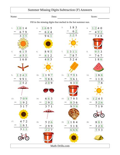 The Summer Missing Digits Subtraction (Easier Version) (F) Math Worksheet Page 2