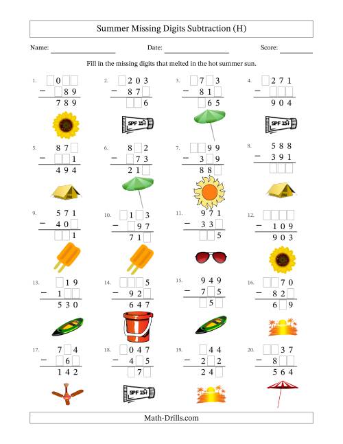 The Summer Missing Digits Subtraction (Easier Version) (H) Math Worksheet