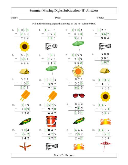 The Summer Missing Digits Subtraction (Easier Version) (H) Math Worksheet Page 2