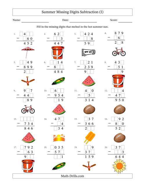 The Summer Missing Digits Subtraction (Easier Version) (I) Math Worksheet