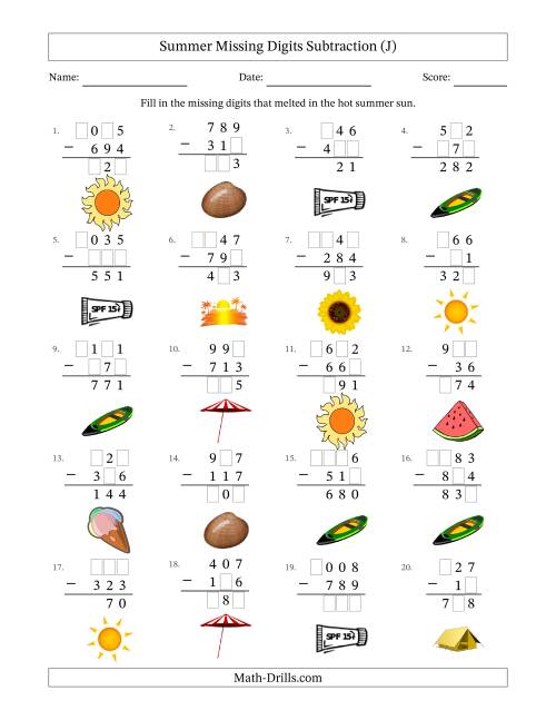 The Summer Missing Digits Subtraction (Easier Version) (J) Math Worksheet