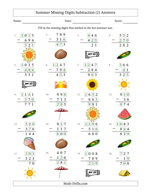 The Summer Missing Digits Subtraction (Easier Version) (J) Math Worksheet Page 2