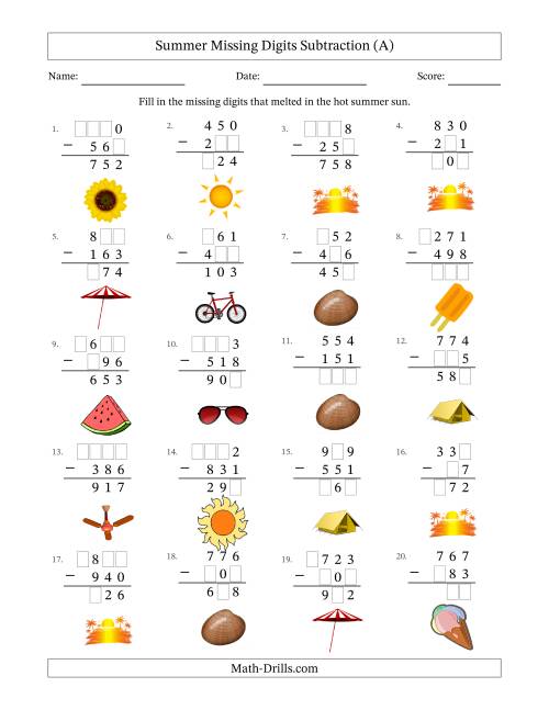 The Summer Missing Digits Subtraction (Easier Version) (All) Math Worksheet
