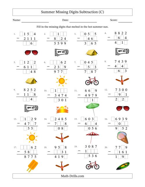 The Summer Missing Digits Subtraction (Harder Version) (C) Math Worksheet