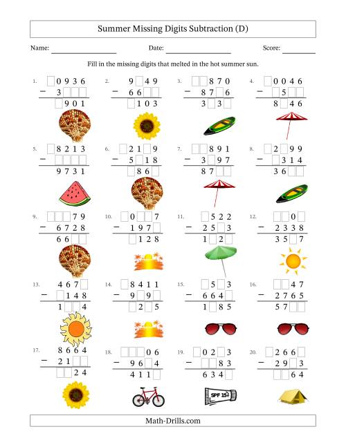 The Summer Missing Digits Subtraction (Harder Version) (D) Math Worksheet