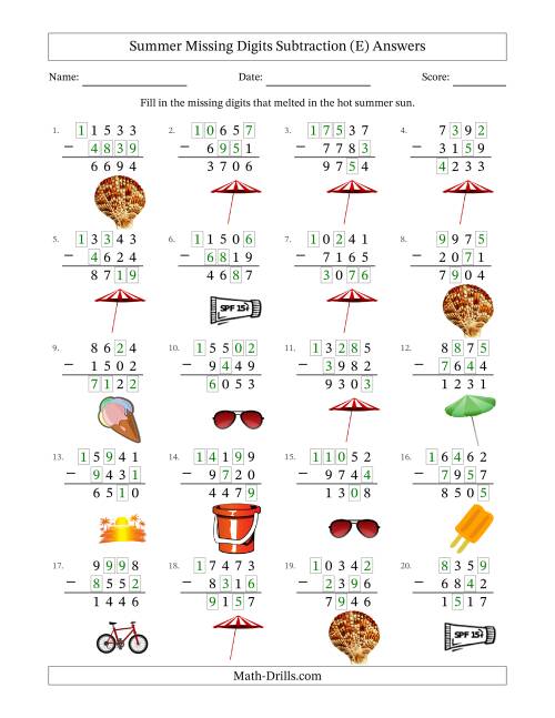 The Summer Missing Digits Subtraction (Harder Version) (E) Math Worksheet Page 2