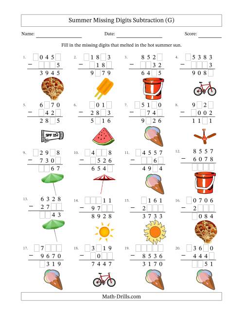 The Summer Missing Digits Subtraction (Harder Version) (G) Math Worksheet