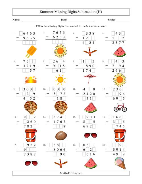 The Summer Missing Digits Subtraction (Harder Version) (H) Math Worksheet