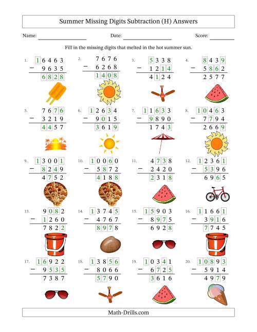 The Summer Missing Digits Subtraction (Harder Version) (H) Math Worksheet Page 2