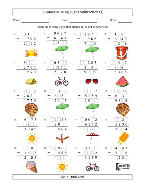 The Summer Missing Digits Subtraction (Harder Version) (J) Math Worksheet