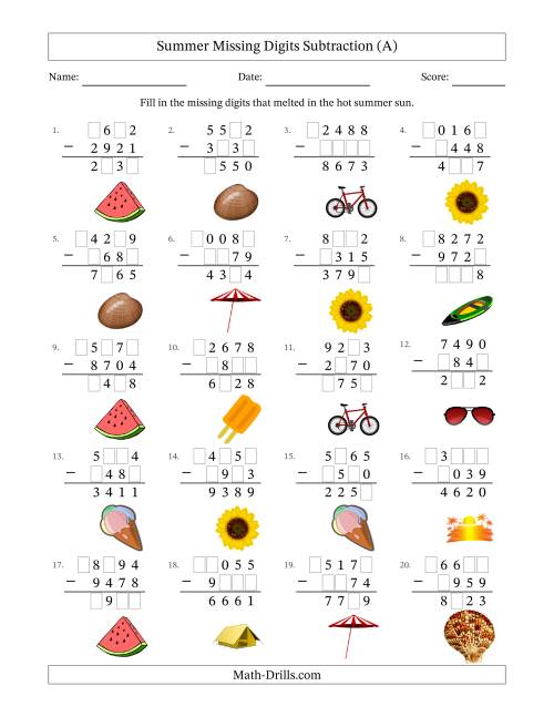 The Summer Missing Digits Subtraction (Harder Version) (All) Math Worksheet