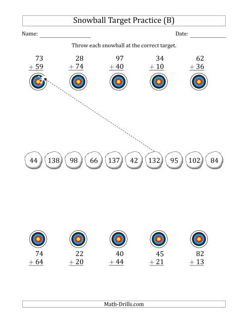 The Winter Snowball Target Practice Adding Two-Digit Numbers (B) Math Worksheet