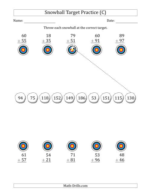 The Winter Snowball Target Practice Adding Two-Digit Numbers (C) Math Worksheet